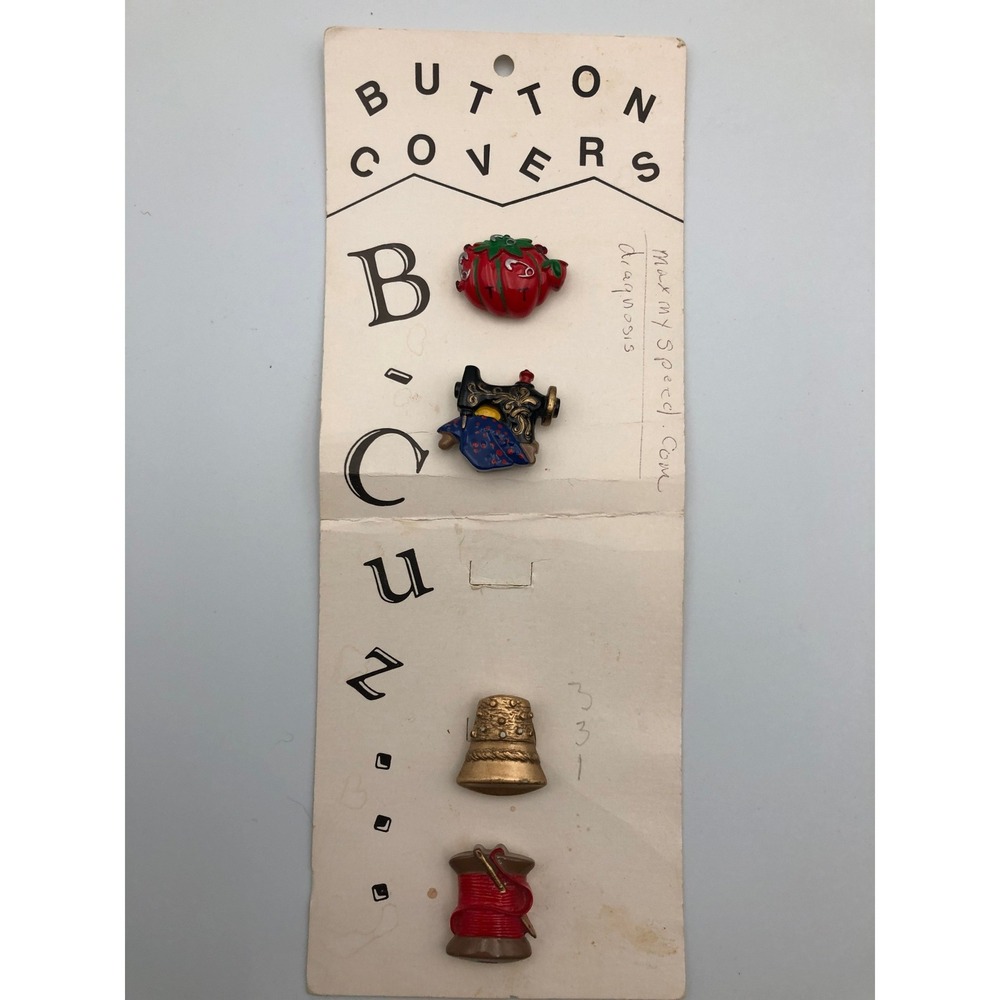 Vintage B-Cuz Sewing Button Covers Set Tomato Sewing Machine Thimble Spool USA